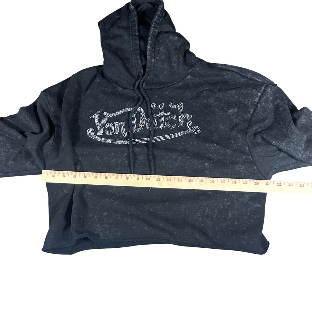 Von Dutch Hoodie Womens Medium Black Acid Wash Rhinestone Logo Cropped Pullover - Picture 7 of 9